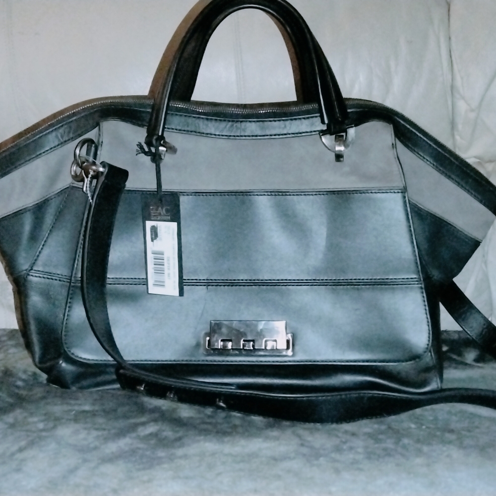 Zac Posen Eartha Soft Handle Satchel Two- Tone Black Leather Grey Suede Bag